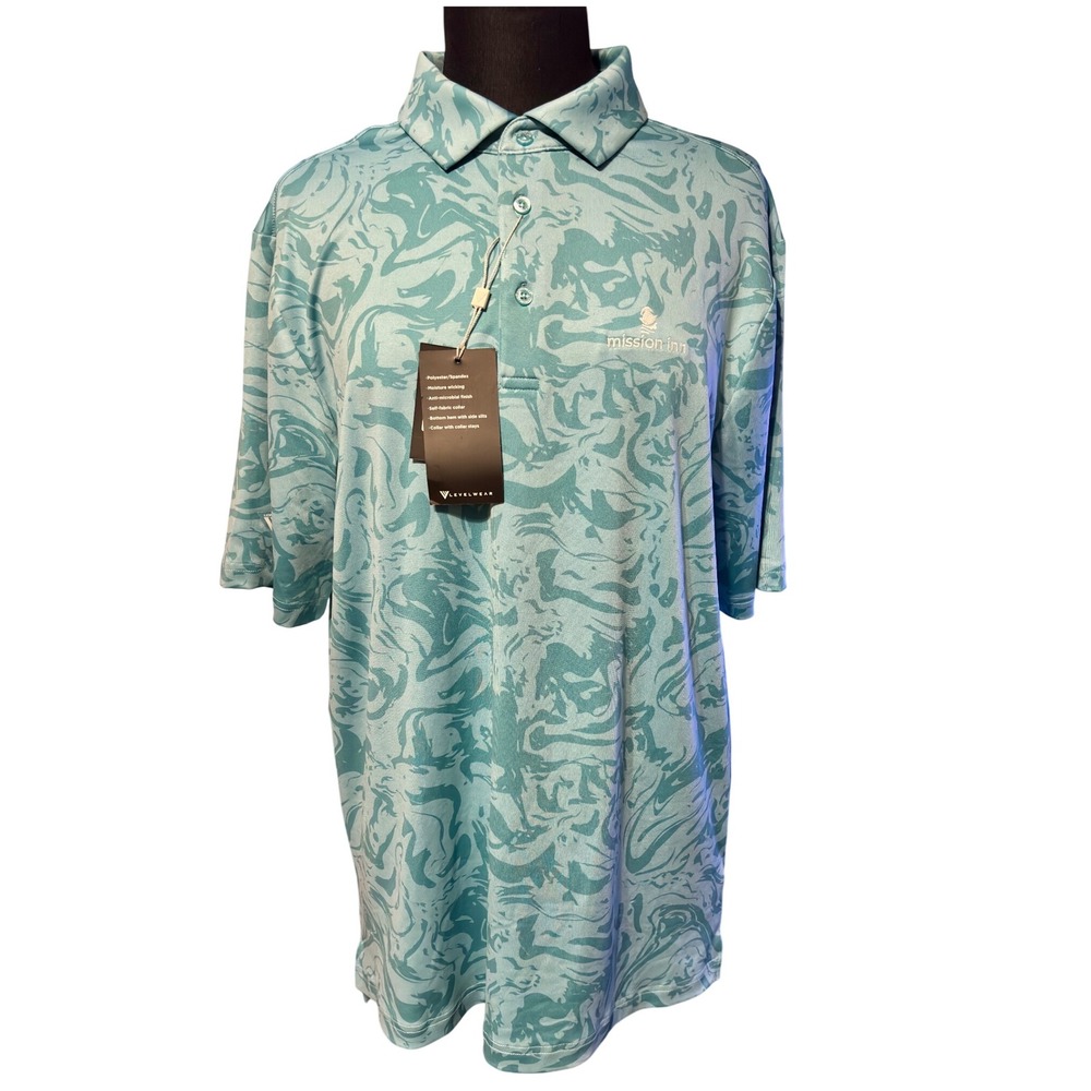 Levelwear Mission Inn Golf Polo Shirt Green Blue Swirl Pattern Large L NWT‎